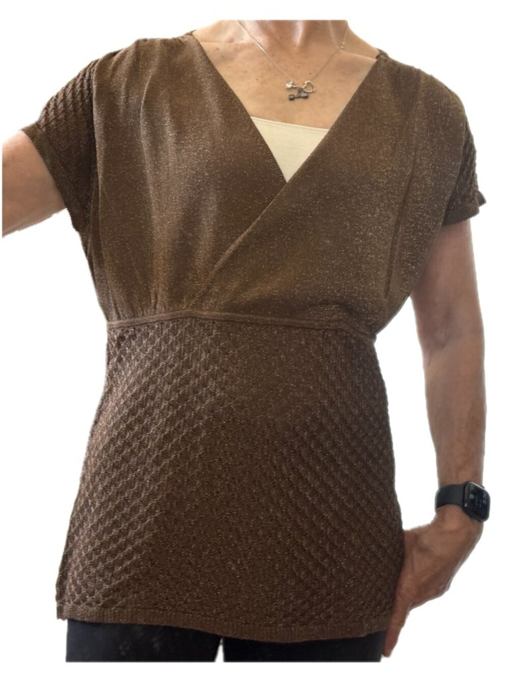 Wrap & Empire Waist Knit Top Short Sleeve Gold Metallic Brown Barrie Pace Sz M